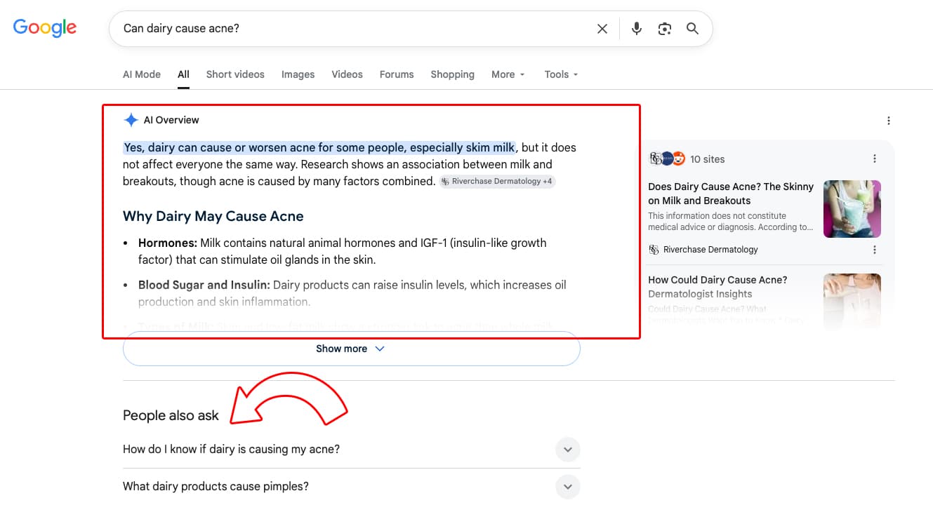 Google search results page showing an AI Overview highlighted at the top of the search results.