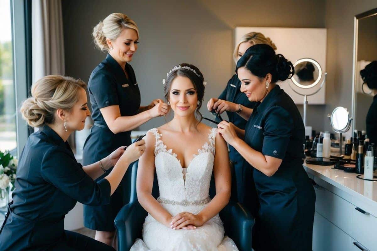 Bridal beauty professionals working together to meet a client's wedding preparation needs.