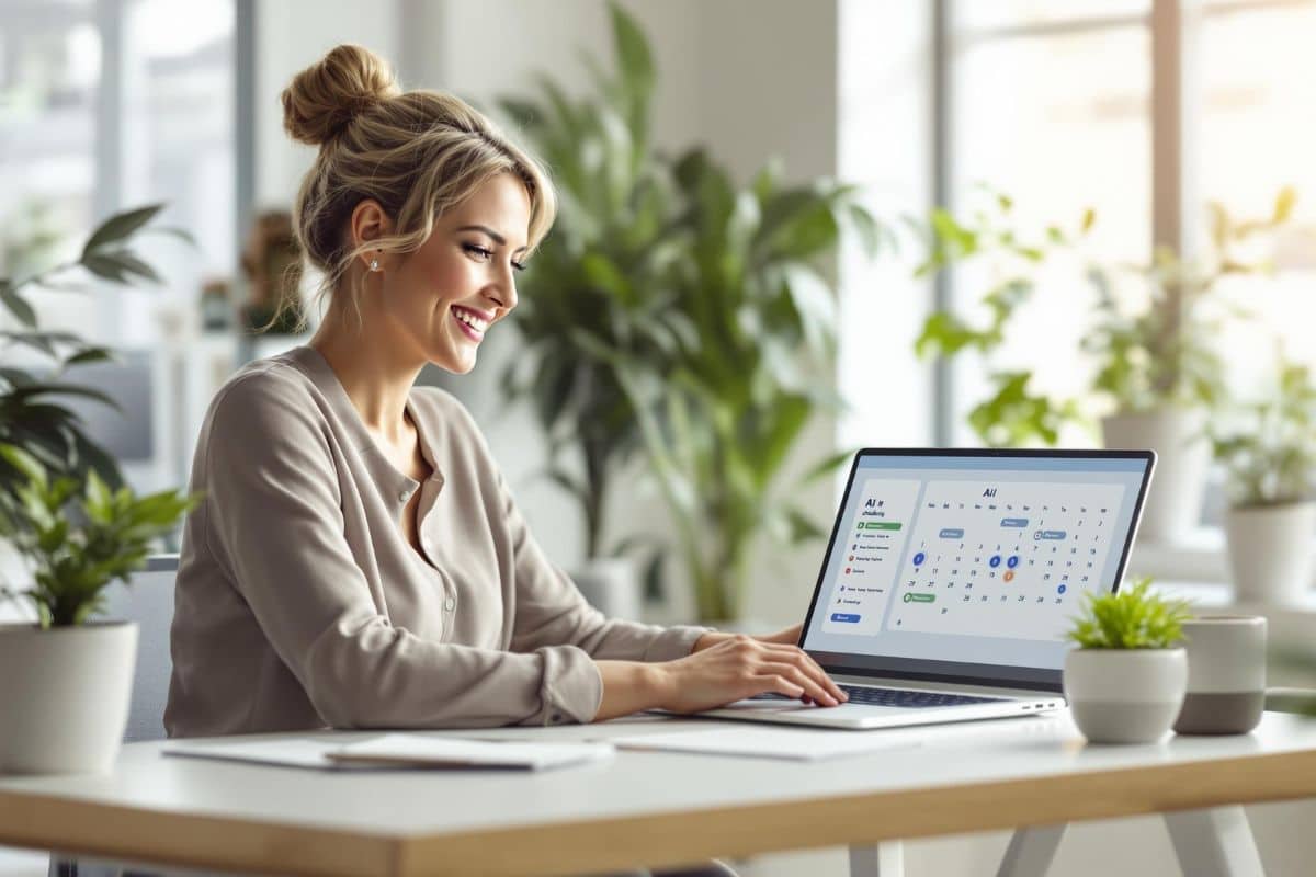 Small business owner using CRM, scheduling, and email marketing tools to automate routine tasks.