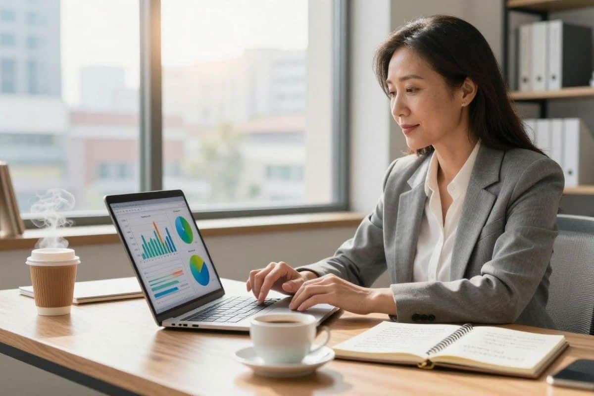 Small business owner using AI to analyze sales data, customer trends, and marketing performance.