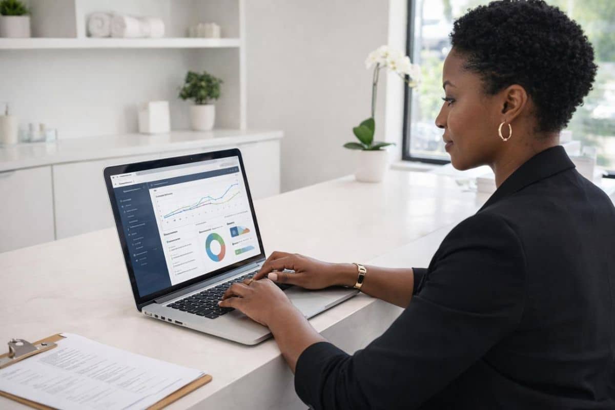 Esthetician reviewing online marketing performance and local business visibility on a laptop.